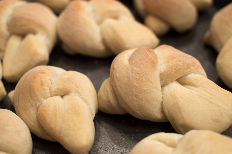 Simple, perfect garlic knots. After removing from the oven, toss in a garlic-butter-Parm mixture, then pass out when you take a bite. 
