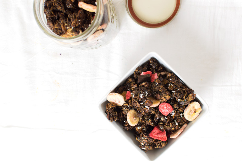 I needed a healthy energy-filled snack, so I got some inspiration from Love Crunch granola and made my own version. Behold! This Dark Chocolate Strawberry-Banana Granola! #YUM.
