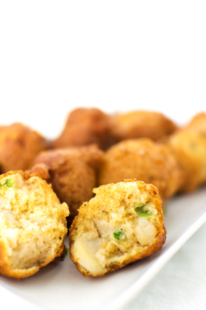 Fried buttermilk hushpuppies with shrimp, scallops, and scallions in every bite!
