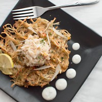 Potato Waffles with a Saffron-Crab Topping