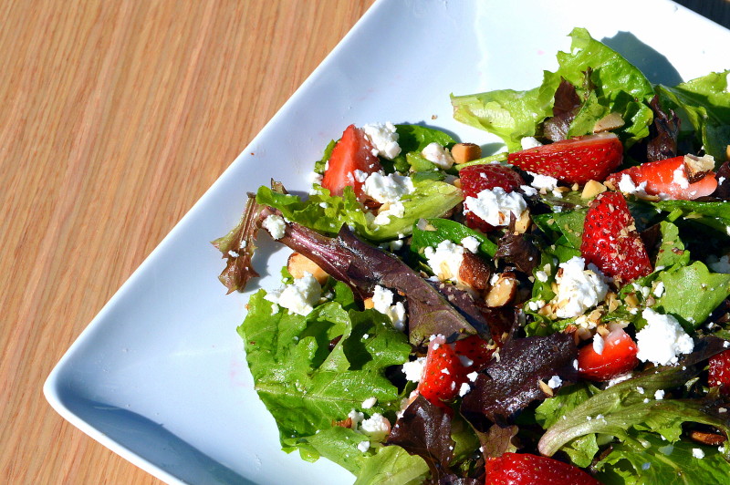 Mixed Greens with feta, strawberries, & almonds | That Square Plate