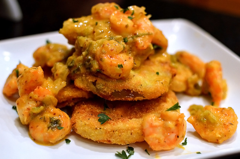 Fried Green Tomatoes with Warm Shrimp Remoulade from thatsquareplate.com