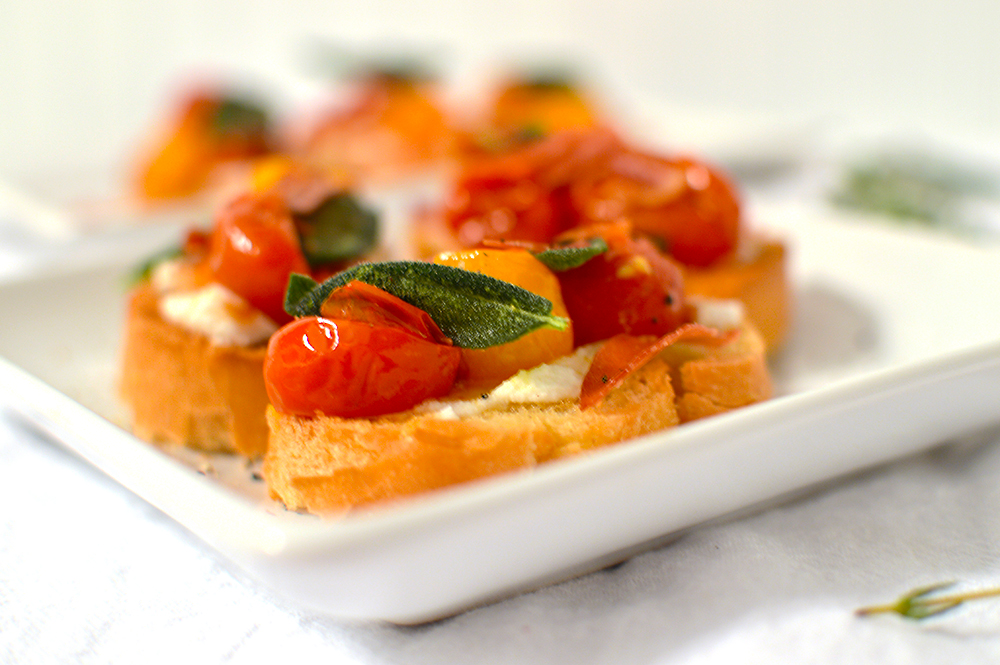 Ricotta and Roasted Tomato Bruschetta with Prosciutto & Sage from @foodandwine | That Square Plate