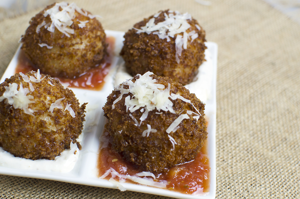 What part of this sounds bad? Mozzarella-Stuffed, Fried Risotto. This was a crowd pleaser. Dip in homemade marinara.