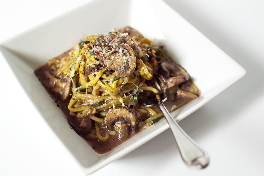 Here's a one-pan zoodle dish that is a healthy and quper tasty dinner option. I made a mushroom sauce with merlot, onions, tarragon, and thyme, and the flavors pair beautifully with the squash and zucchini 'zoodles.'